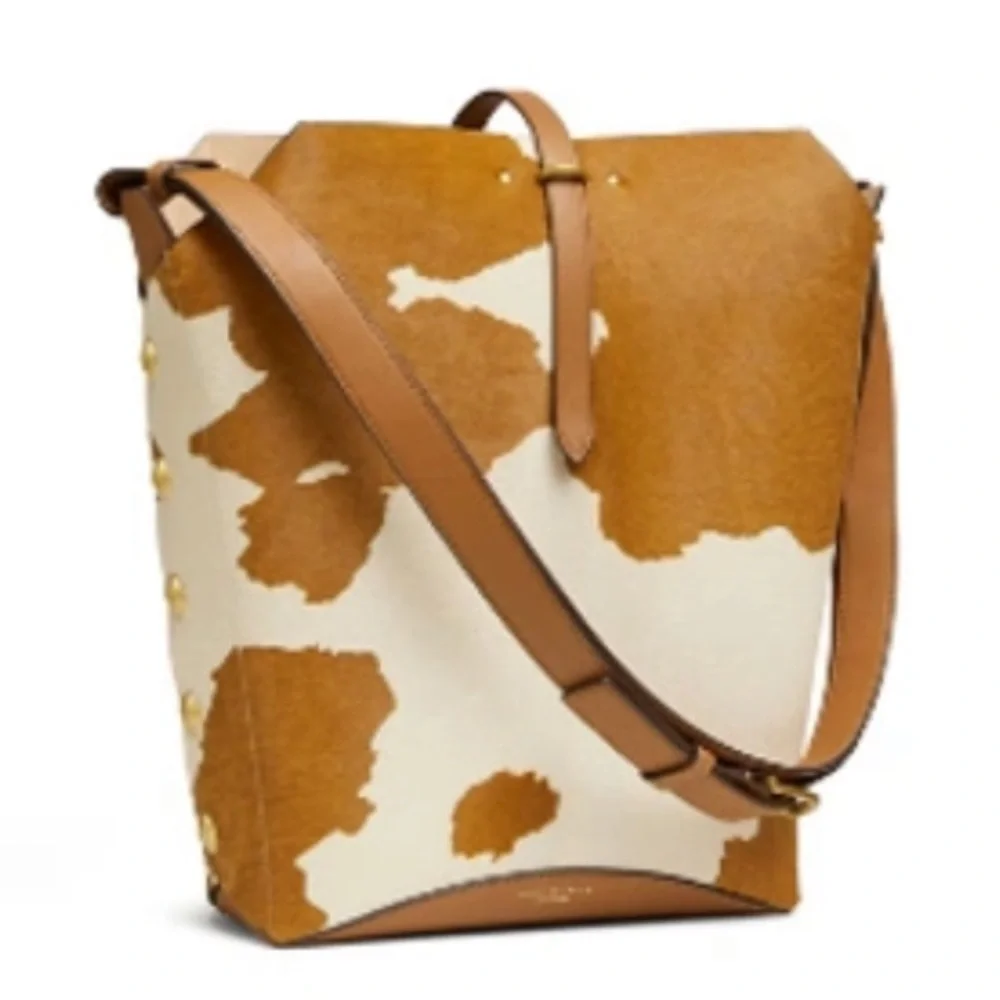 Tory Burch Rowan Natural Calf Hair Leather Bucket Bag in Pueblo Brown Cream